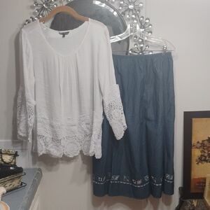 Unique Spectrum Top Nappa Valley Blue Embroidered Midi Skirt